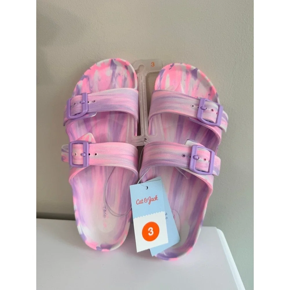 Cat & Jack Slide Sandals Girls Size 3 Pink Purple Marble Tie Dye NWT